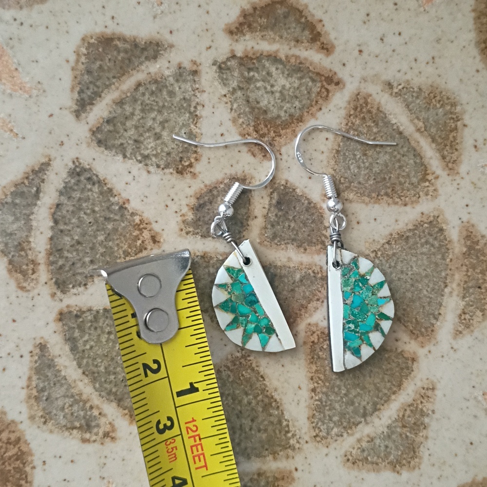 Santo Domingo Pueblo Mosaic Inlay Earrings Turquoise .925 Hooks - Picture 6 of 8